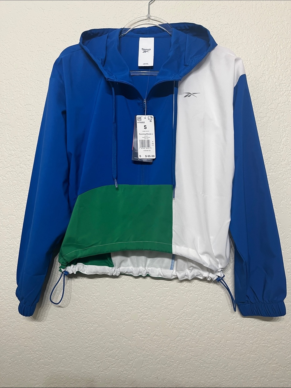 Reebok Women’s Small Blue White and Green Colorblock Cropped Active Windbreaker